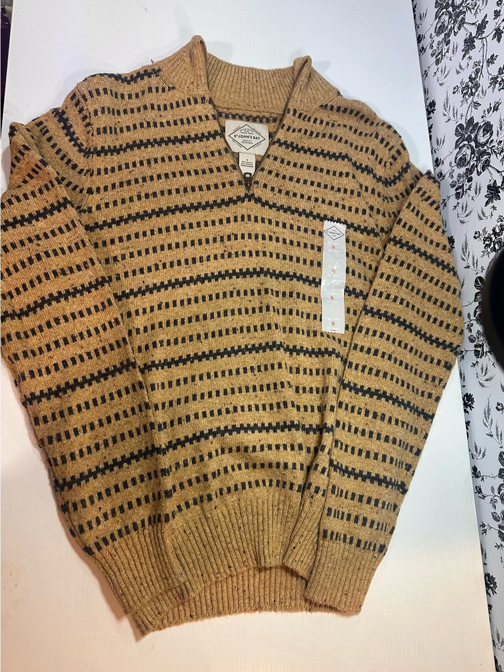 St. John's Bay Mustard and Black Striped Half-Zip Sweater